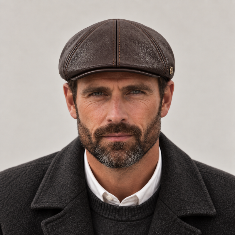 Béret homme en cuir marron à visière porté de face 