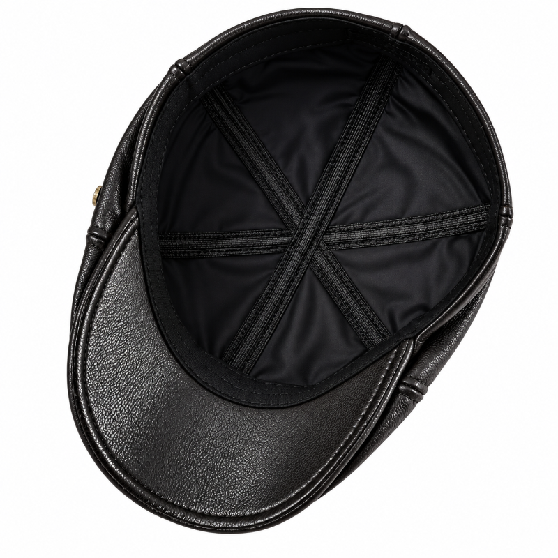 Béret homme en cuir noir à visière vue interieur 