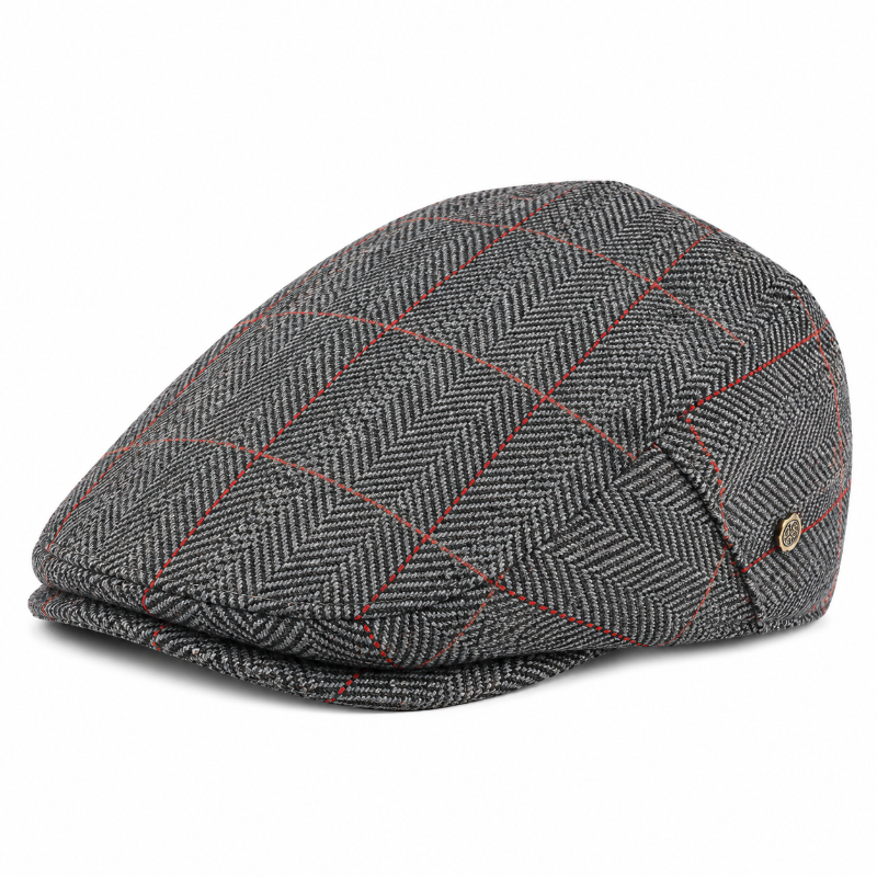 Béret homme gris à carreaux rouges style casquette plate