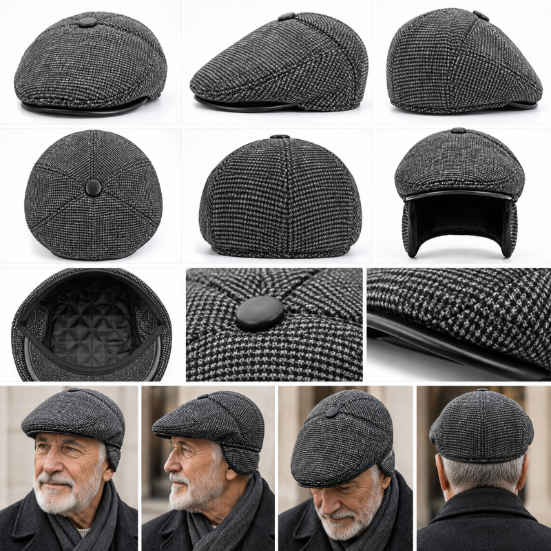 Béret homme gris noir à visière details et angles 