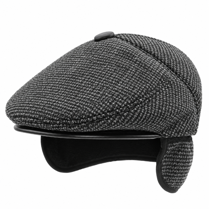 Béret homme gris noir à visière vu oreillettes 