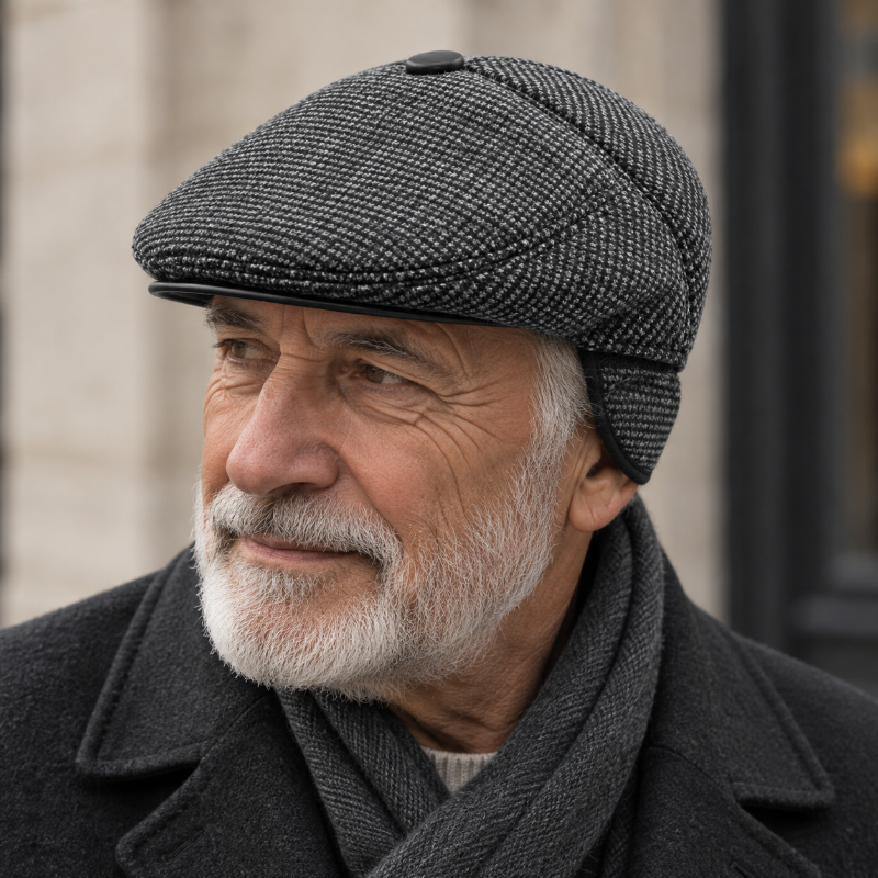 Béret homme gris noir à visière vu de profil 