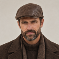 Homme portant le béret Gaspard en simili cuir marron vu de face