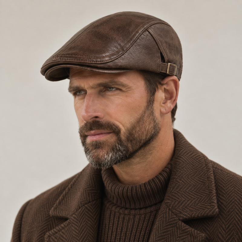 Homme portant le béret Gaspard en simili cuir marron vu de trois-quarts