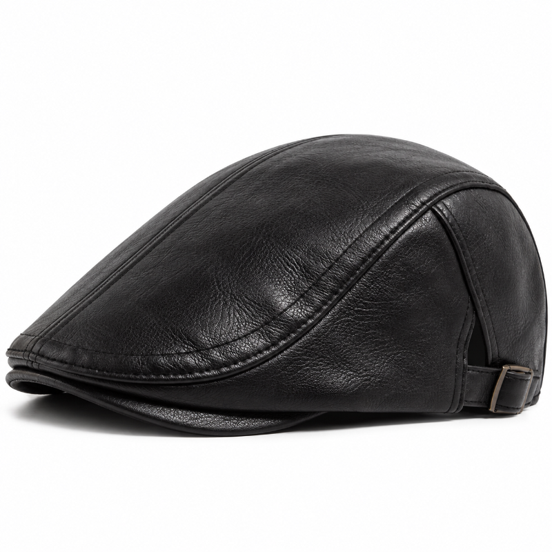 Béret homme Gaspard en simili cuir noir, vue trois-quarts