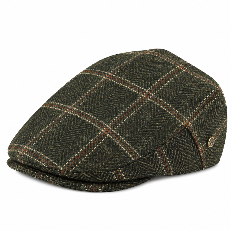 Béret homme vert à carreaux rouges style casquette plate