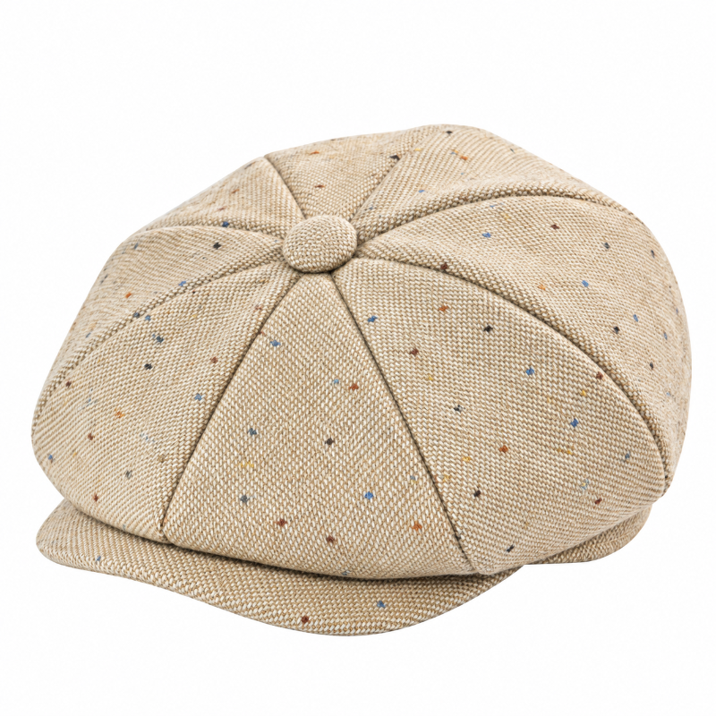 Béret Peaky Blinders beige à motif chevrons et tache 