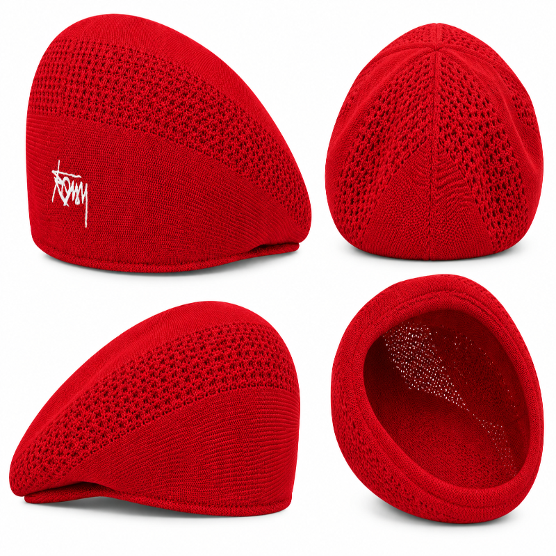 Casquette béret femme en maille ajourée Alix rouge details et visuels