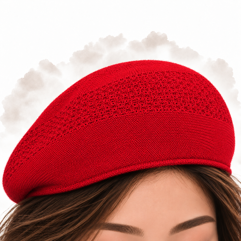 Casquette béret femme en maille ajourée Alix rouge porté à l'envers 