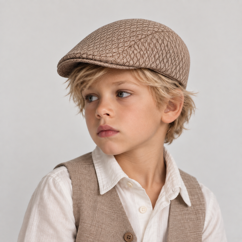 garcon porte Beret casquette en maille beige profil