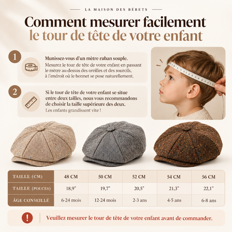 Guide des tailles du béret Peaky Blinders avec mesure du tour de tête