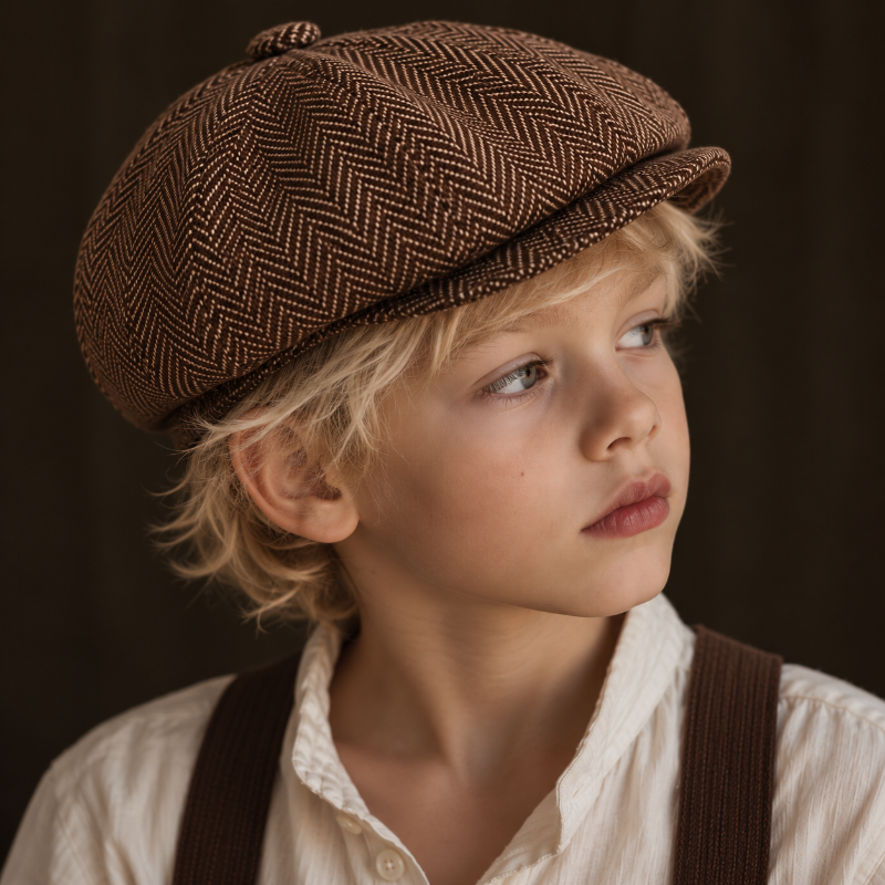 Petit béret enfant marron à motif chevrons vu coté 