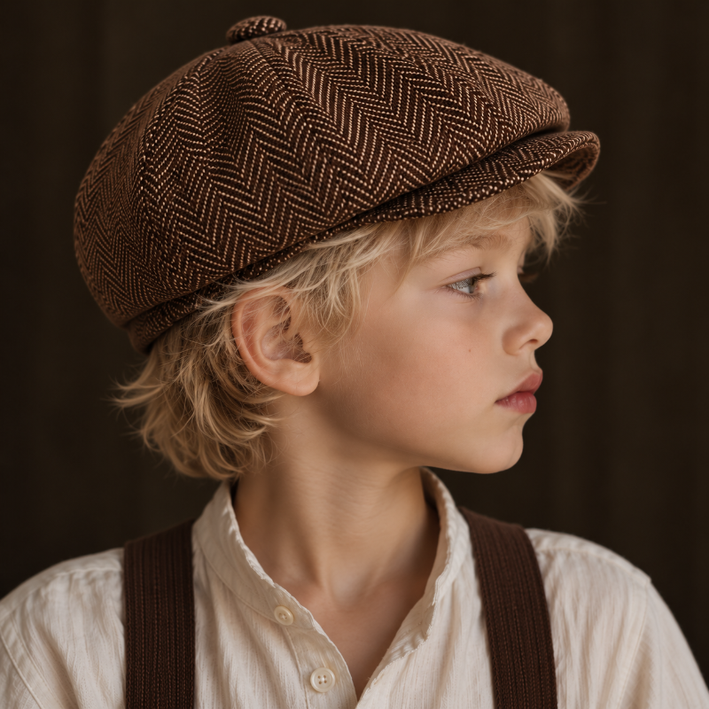 Petit béret enfant marron à motif chevrons vu laterale 