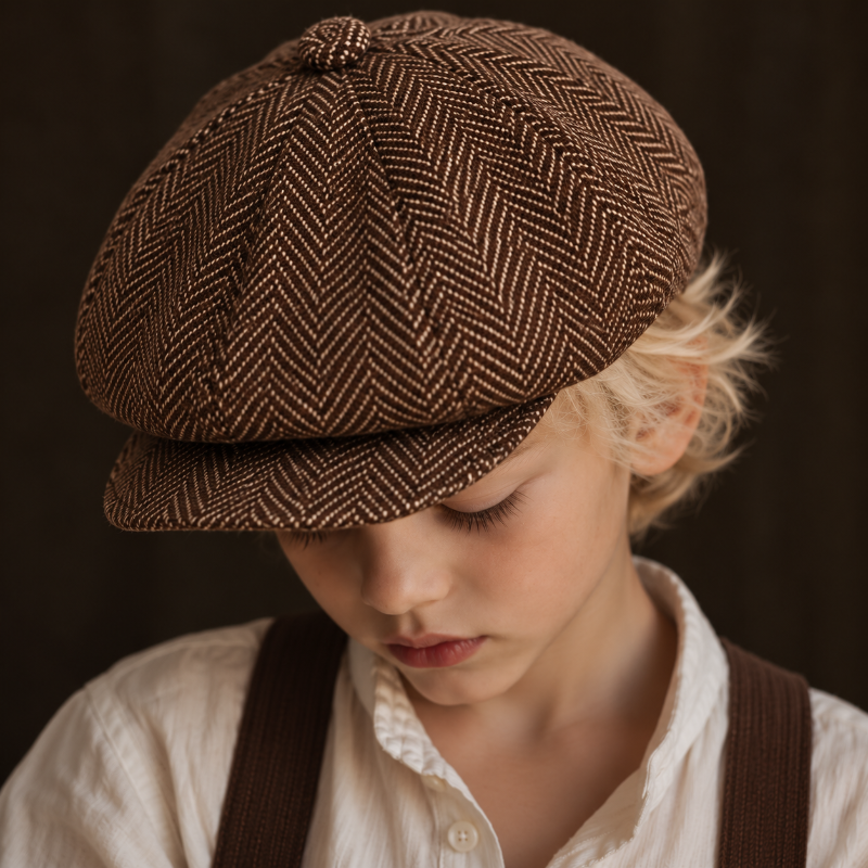 Petit béret enfant marron à motif chevrons vu tête baissé